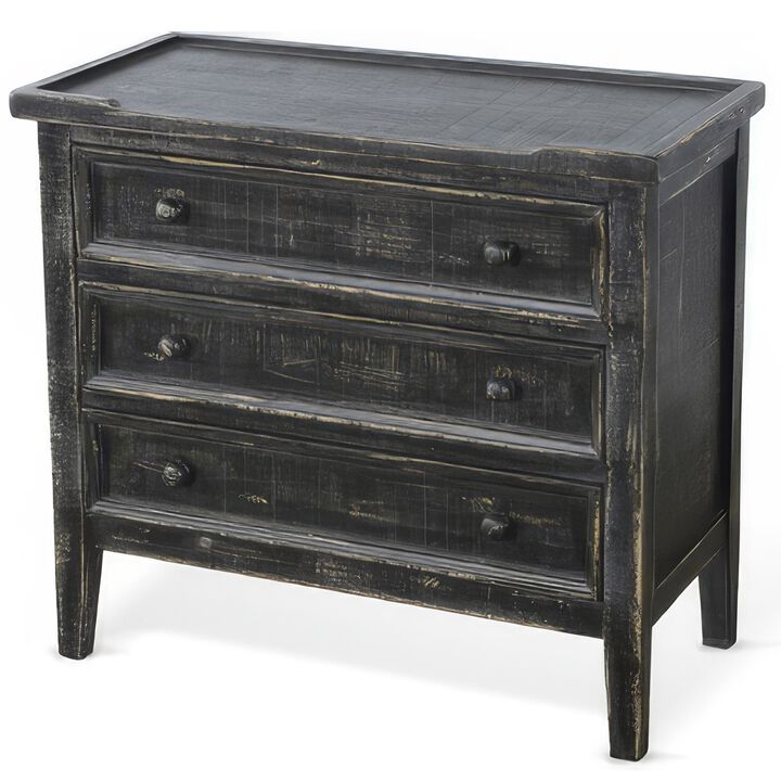 Rena Side End Table with 3 Drawers, 28 Inch Rustic Black Mahogany Wood - Benzara