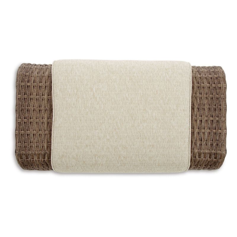Julia 38 Inch Outdoor Ottoman with Cushion, Resin Wicker, Beige Fabric - Benzara