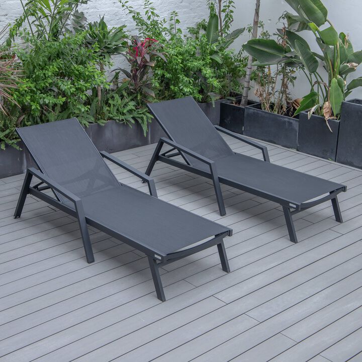 LeisureMod Marlin Patio Chaise Lounge Chairs with Armrests – Set of 2, Black Aluminum Frame & Dark Grey Cushion for Outdoor Relaxation