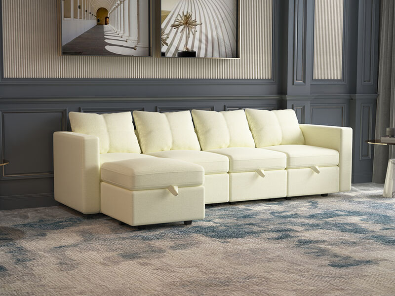 Modular 4-Seat Sectional Sofa with Wooden Frame and Chaise, Convertible Sofa with Pull-Out Bed, Available in Black, White, and Gray,109" L x 54.5" W x 34" H