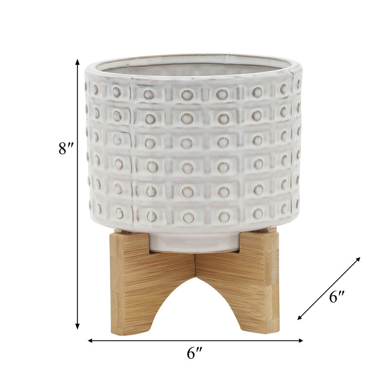 Ceramic 5" Dotted Planter with Wood Stand, Ivory