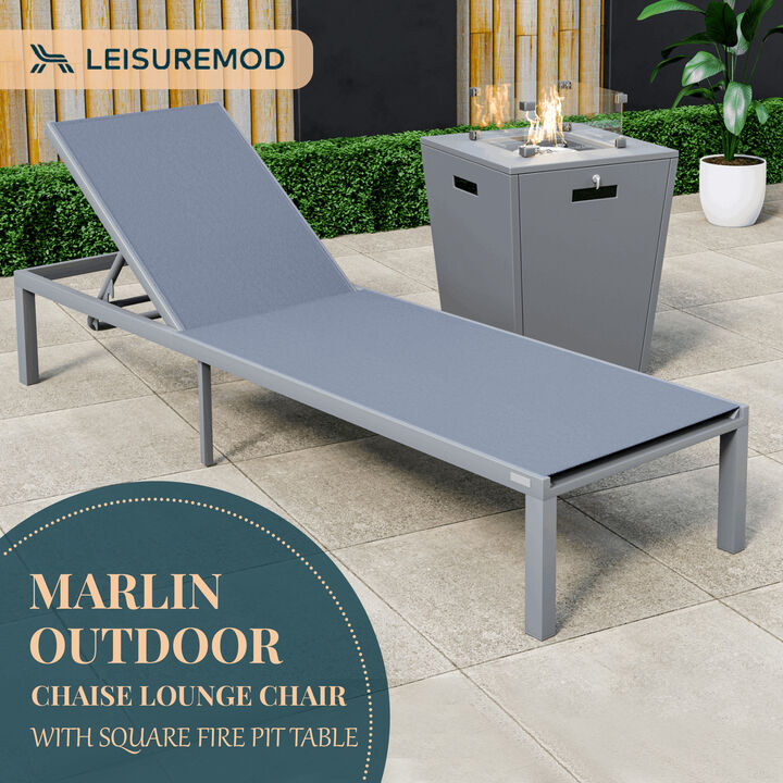 LeisureMod Marlin Modern Black Aluminum Outdoor Patio Chaise Lounge Chair in Grey Frame with Square Fire Pit Side Table