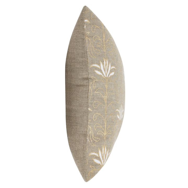 20 Inch Square Linen Accent Throw Pillow, Foil Design, Floral, Beige, Gold-Benzara