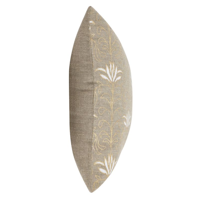 20 Inch Square Linen Accent Throw Pillow, Foil Design, Floral, Beige, Gold-Benzara