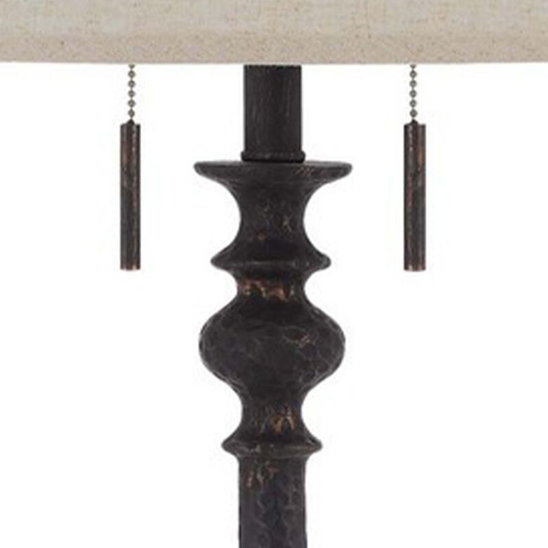 Floor Lamp with Tubular Turned Resin Support and Pull Chain, Dark Bronze-Benzara