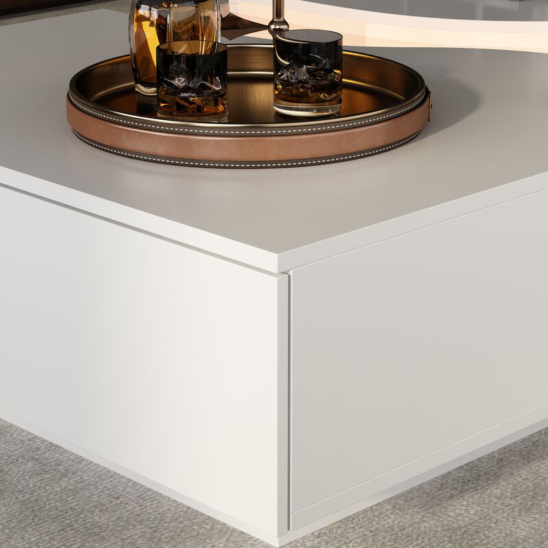 55.1 in. W White Rectangle Wooden End Table, Side Table, Coffee Table with 2-Drawers and Visable Decored Light
