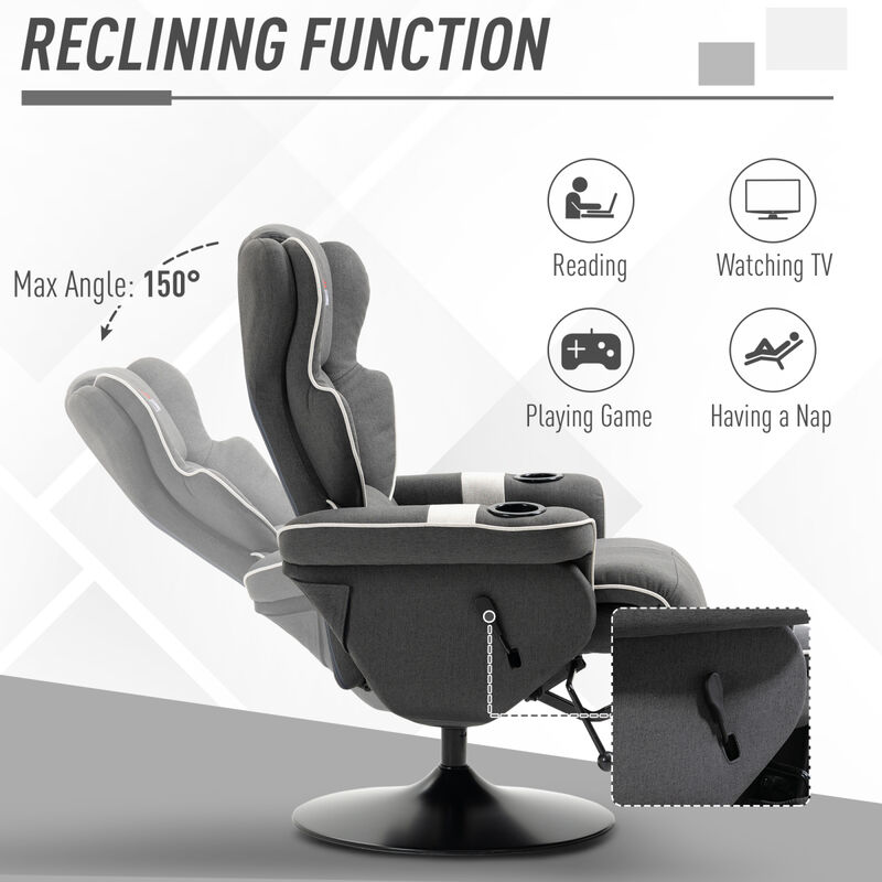 Manual Recliner, Swivel Lounge Armchair With Footrest And Two Cup Holders For Living Room, Black