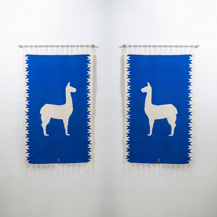 LLAMAS Sheep Wool Handwoven Tapestries, Aged Bronze Wall Mount, Lapis Blue, Set of 2