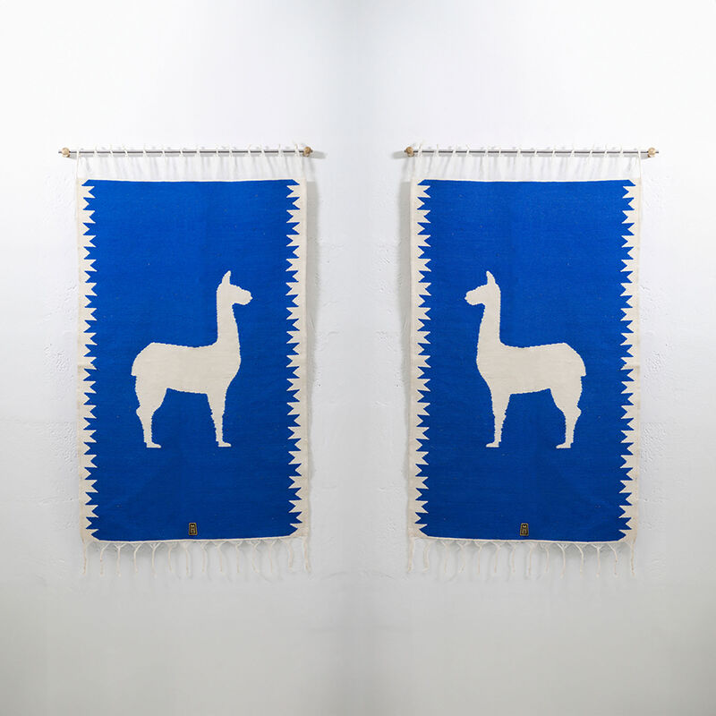 LLAMAS Sheep Wool Handwoven Tapestries, Aged Bronze Wall Mount, Lapis Blue, Set of 2