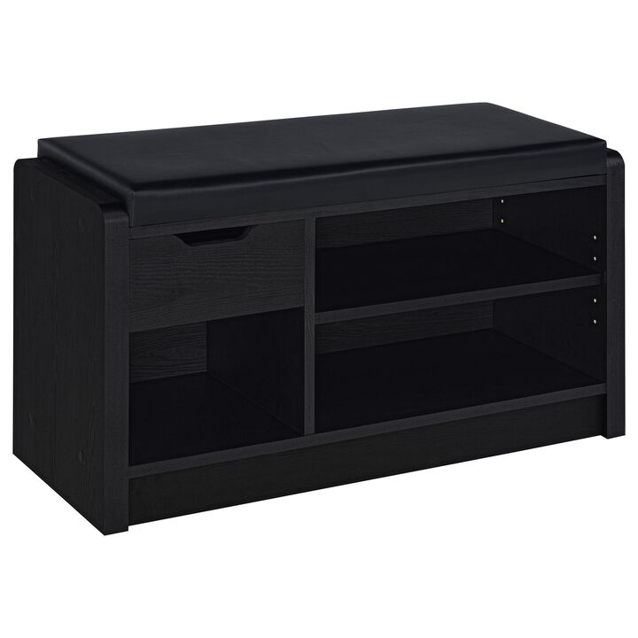 Aryn Storage Bench with Adjustable Shelf, Black Faux Leather, Black - Benzara
