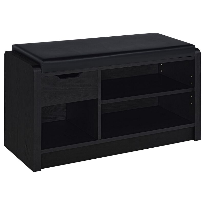 Aryn Storage Bench with Adjustable Shelf, Black Faux Leather, Black - Benzara