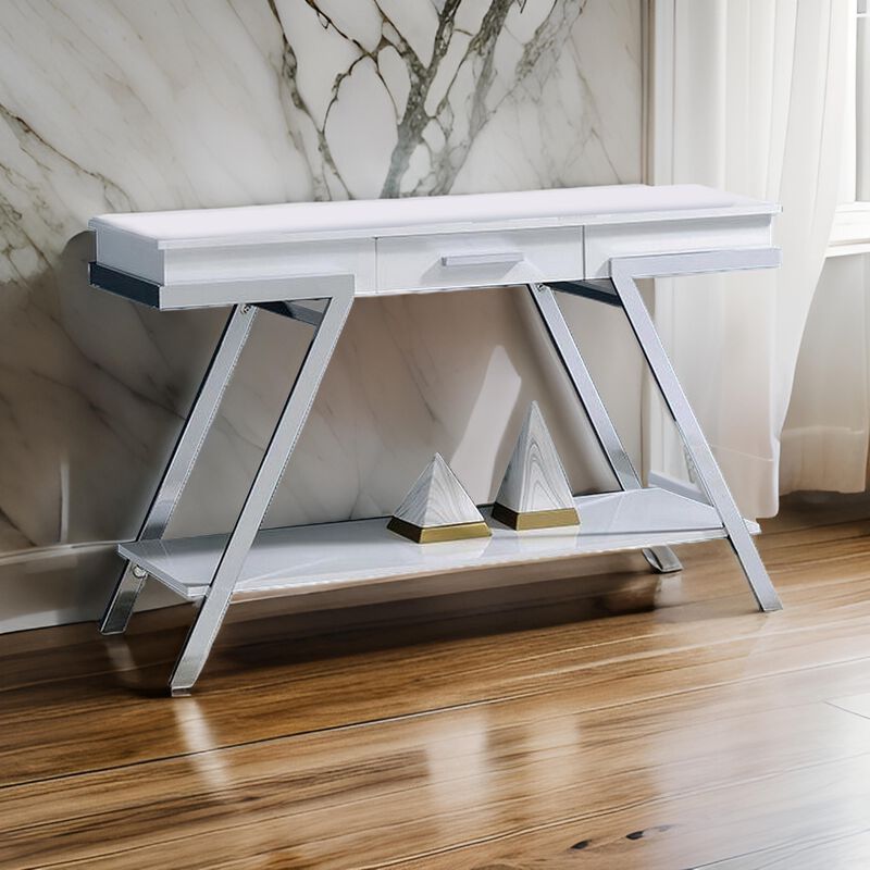 Tius 48 Inch Sofa Table, Open Shelf, Chrome Frame, High Gloss White Finish - Benzara