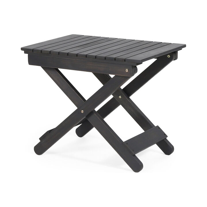 Kyre Outdoor Side Table, Foldable Slatted 23 Inch, Dark Gray Acacia Wood - Benzara