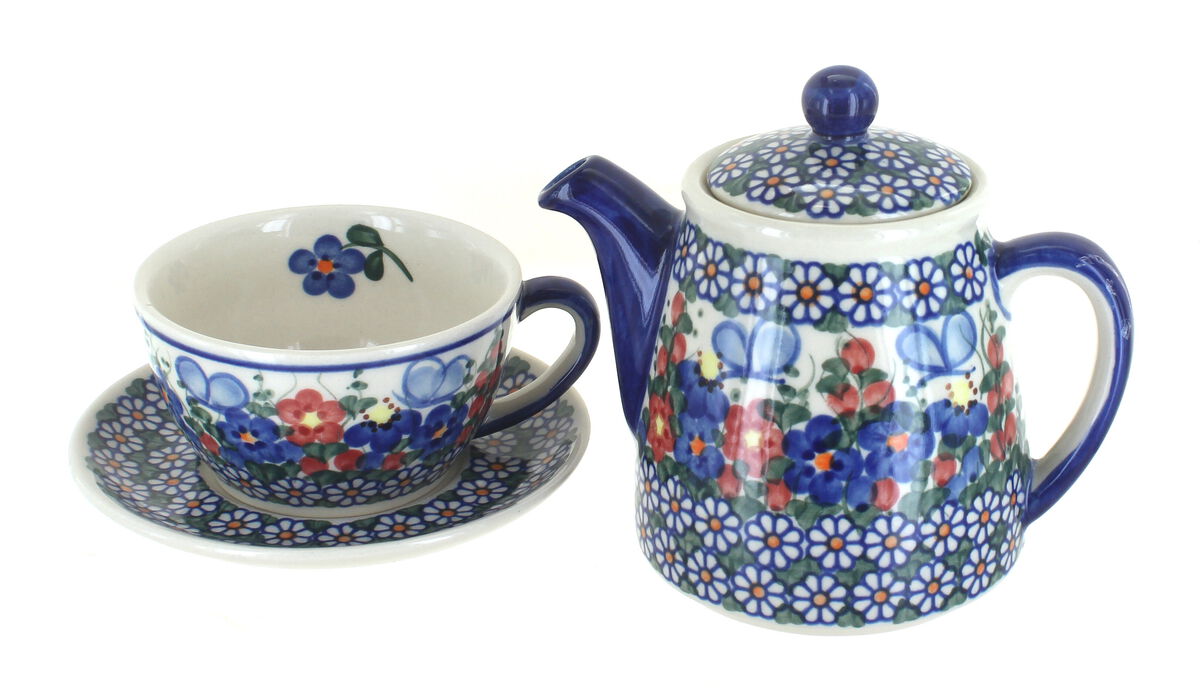 Blue Rose Polish Pottery Butterfly Tea For One