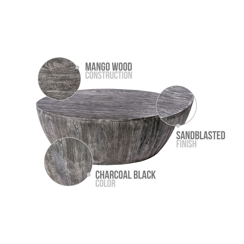 Arthur 36 Inch Farmhouse Style Handcrafted Mango Wood Coffee Table, Round Drum Shape, Sandblasted Black - Benzara