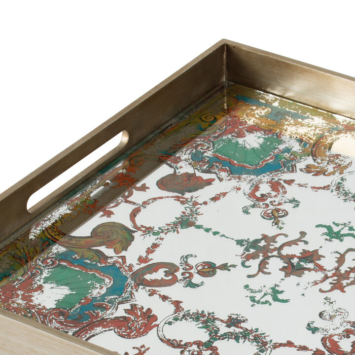 Miki 20 Inch Square Decorative Tray, Artisan Mirrored Damask Pattern, Gold-Benzara