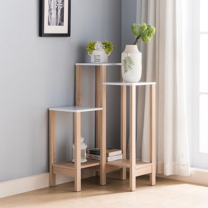 White & Weathered White Plant Stand with 3 Multi Level Shelves and Bottom Shelf