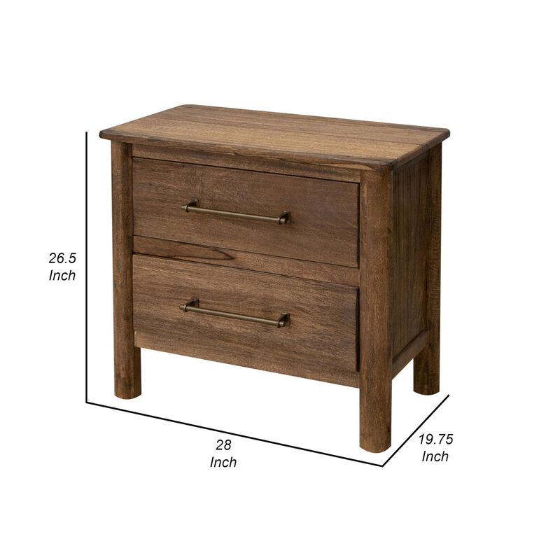 Benjara Olum 28 Inch Nightstand, 2 Drawers, Metal Handles, Solid Mango Wood, Brown and Gold
