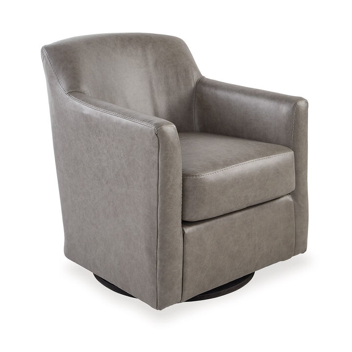 Leena Swivel Accent Chair, Plush Gray Genuine and Faux Leather, Black Metal - Benzara