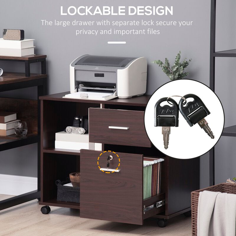 Walnut Mobile Storage: Lateral File Cabinet with Wheels & Open Shelves