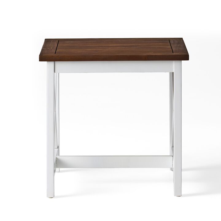 Side End Table, 20 Inch Square Rustic Farmhouse Brown White Wood - Benzara