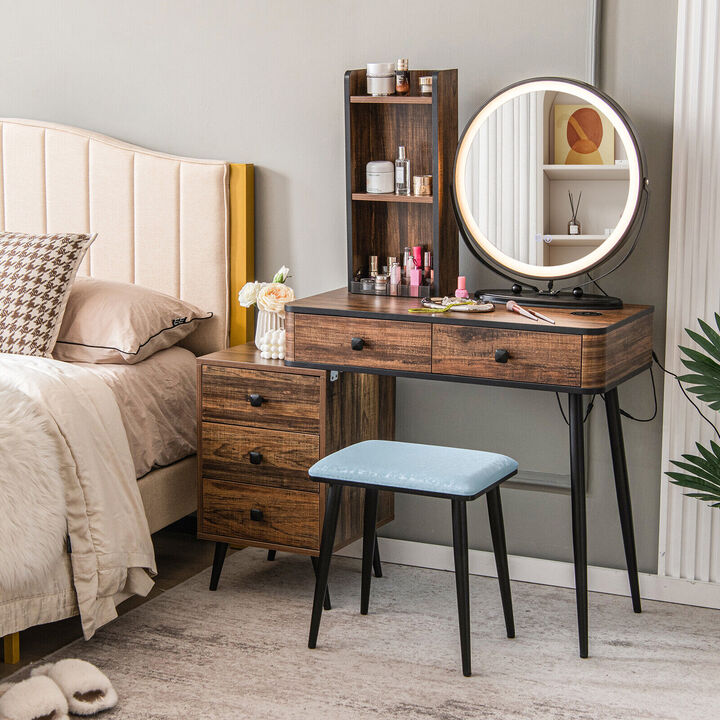 Vanity Table Set with 3-Color Lighted Mirror and Cushioned Stool