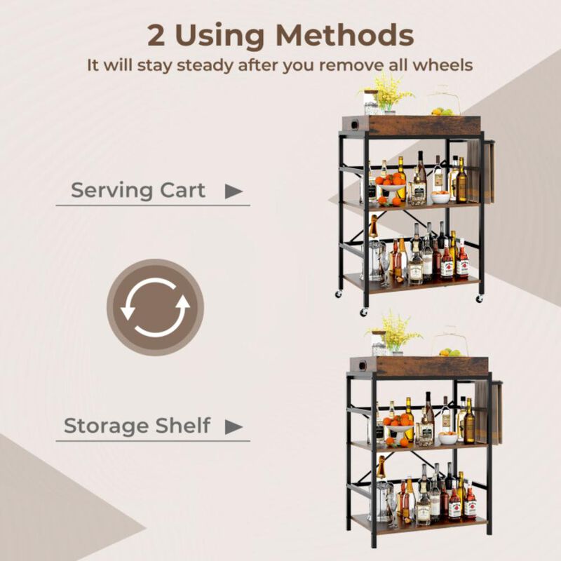 Hivvago 3-Tier Industrial Bar Cart with Detachable Tray for Kitchens-Rustic Brown