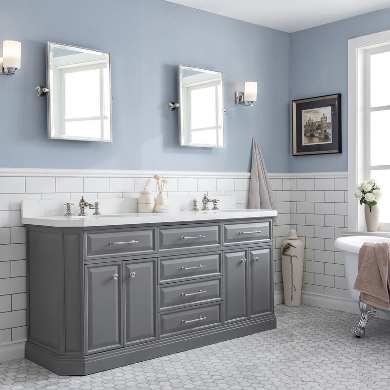 Palace 72 In. Double Sink Carrara Quartz Countertop Bath Vanity in Cashmere Grey with Polished Nickel (PVD) Hardware and Waterfall Faucets