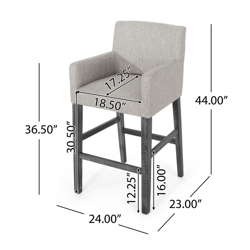 Counter Height Chair Set of 2, H-Frame Base, Rubberwood, Light Gray Fabric - Benzara
