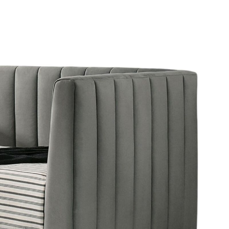 Iina Twin Daybed with Tuxedo Details, Gray Channel Tufted Flannelette - Benzara