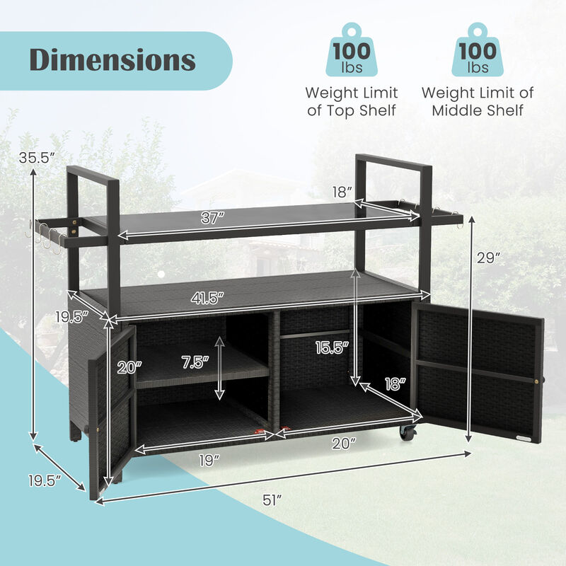 Outdoor Bar Cart Rolling Wicker Buffet Serving Cart with Tempered Glass Top Storage Cabinet