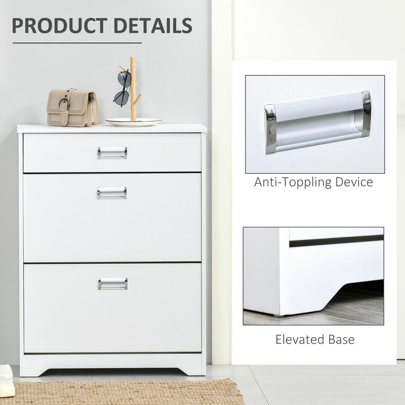 White Entryway Storage: 3-Drawer Shoe Cabinet with Flip Doors