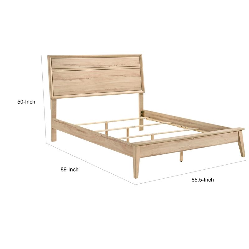 Kali Queen Bed, Panel Design, Melamine Laminate Natural Oak Brown Wood - Benzara
