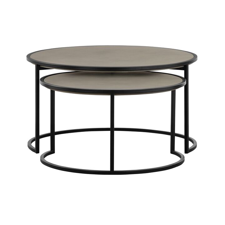 Rina Concrete and Black Metal 2 Piece Nesting Coffee Table Set-Benzara
