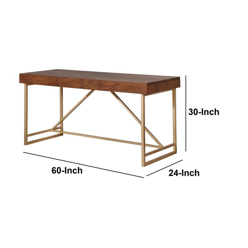 Modern Style Wooden Writing Desk with Unique Metal Legs, Walnut Brown and Gold-Benzara