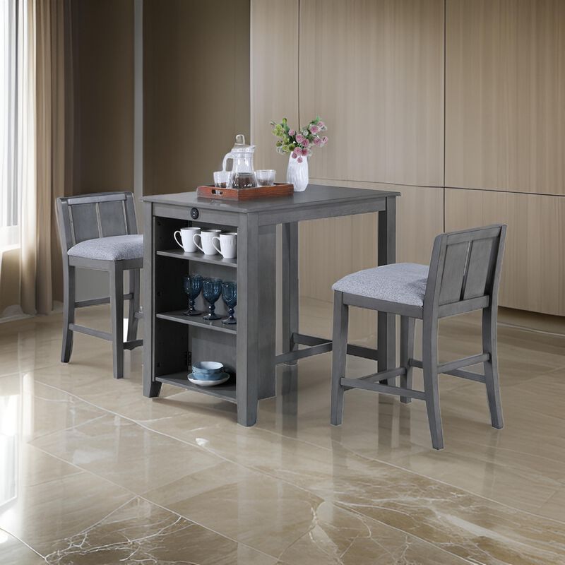 Ham 3 Piece Counter Height Compact Dining Table, Chair Set, Gray Wood - Benzara