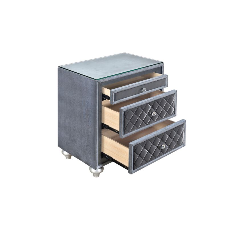 Yin 30 Inch 3 Drawer Nightstand, Glass Top, Crystal Knobs, Gray Velvet-Benzara
