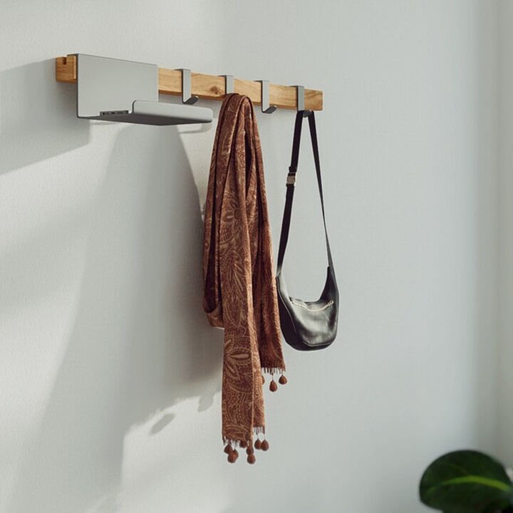 Modern Oak Wood Clothing Rack - Entryway Coat Rack with Black Metal Hooks and Key Tray