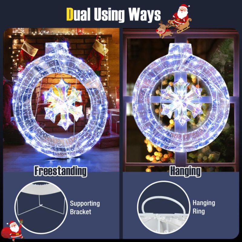 Hivvago 33 Inch Lighted Snowflake Wreath with Hanging Ring and Support Bracket