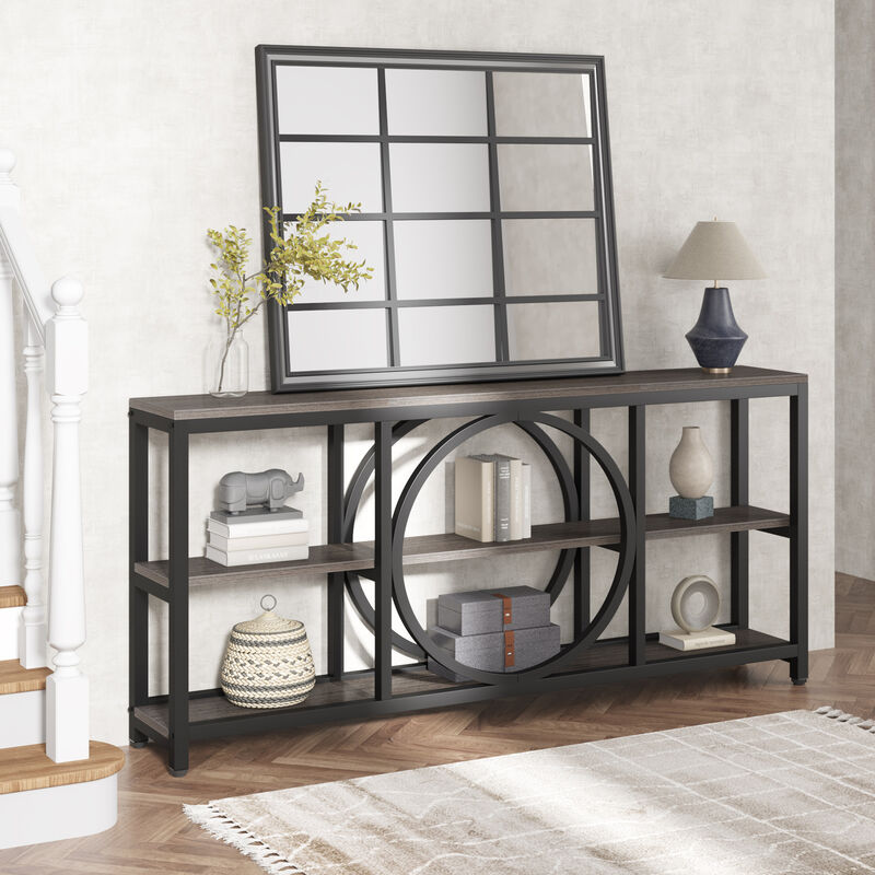 Extra Long Console Table, 70.9 inch Narrow Sofa Tables with 3 Tier Wood Storage Shelves Industrial Metal Frame for Entryway Hallway Living Room Behind Couch