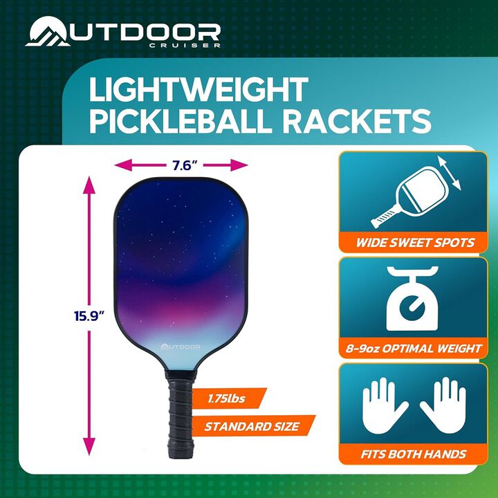Outdoor Cruiser Pickleball Paddle Set – USAPA Approved, Premium Fiberglass Paddles with Lightweight Shock-Absorbing Grip, Includes 2 Rackets, 4 Balls, Grip Tapes, and Sling Carry Bag
