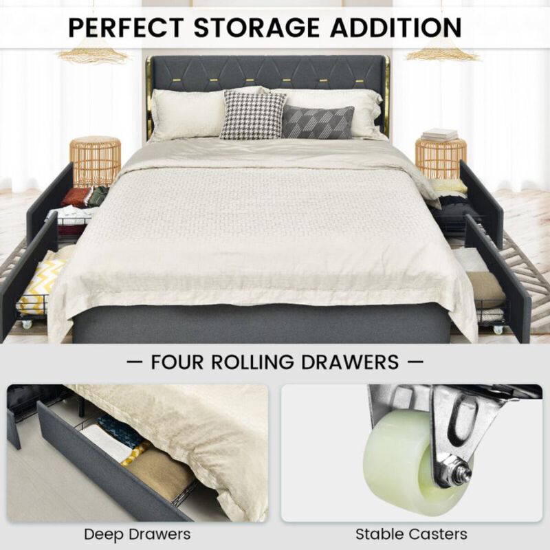 Hivvago Upholstered Bed Frame with 4 Storage Drawers