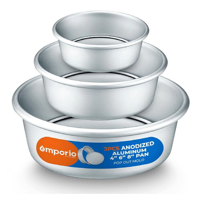 Anodized Aluminum Round Cheesecake Pan - Pressure Cooker and Air Fryer Safe, Recipe Booklet Included, PFAS, CFC, PTFE, or PFOA Free, Oven Safe (Up To 500° F), 4/6 /8 Inches, Pack of 3