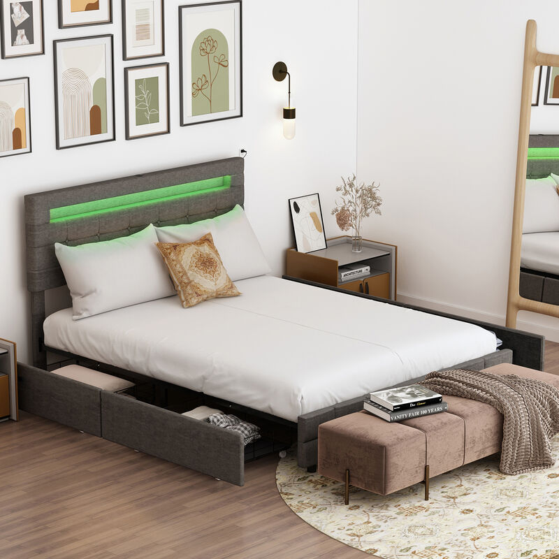 FUFU&GAGA Grey Upholstered Full-Size Bed Frame with Storage Drawers (65.4" W x 82.7" L x 42.1" H),Grey