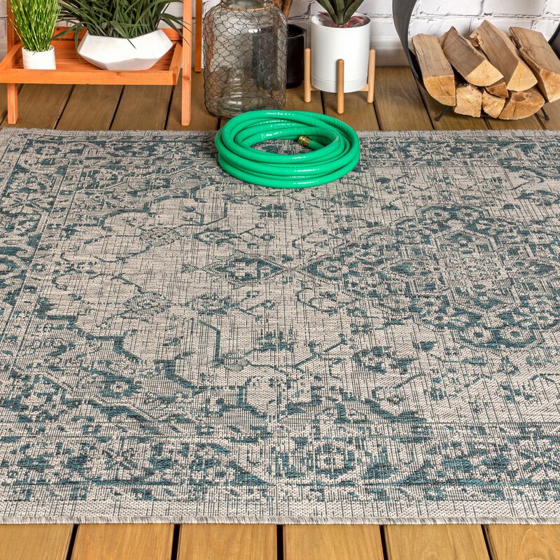 Rozetta Boho Medallion Textured Weave Gray/Black. Indoor/Outdoor Runner Rug