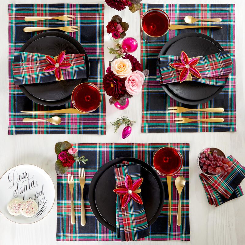 Solino Home 100% Pure Linen Placemats 14 x 19 Inch Set of 4 |Jewel Plaid