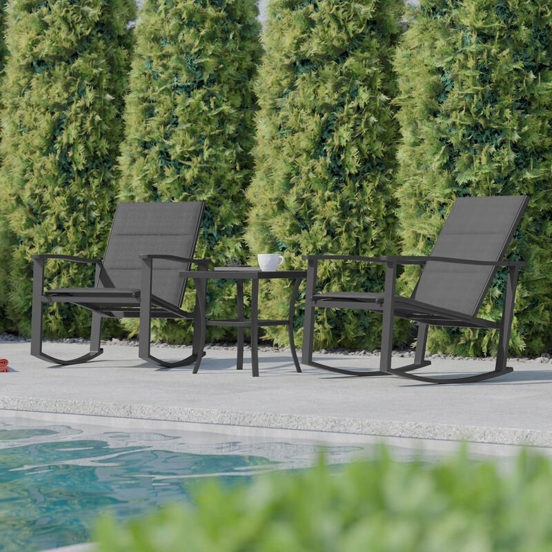 Flash Furniture Brazos 3 Piece Outdoor Rocking Chair Bistro Set with Flex Comfort Material and Steel Framed Glass Top Table