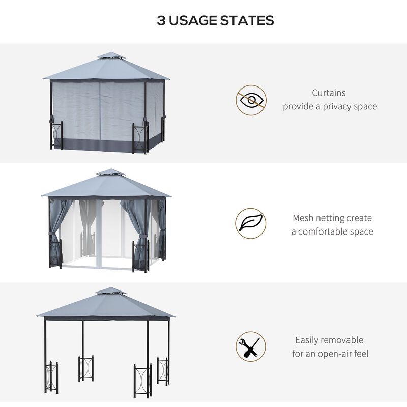 Gray Outdoor Pavilion: 13x11 Double Roof Gazebo with Removable Netting