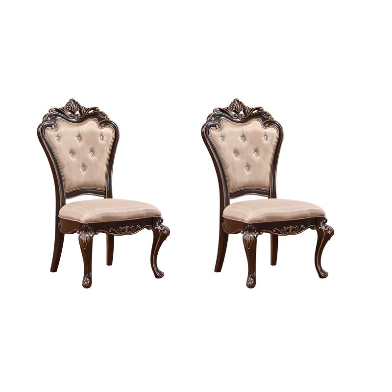 Leon 22 Inch Set of 2 Tufted Dining Chairs, Cherry Brown Wood, Beige Fabric - Benzara