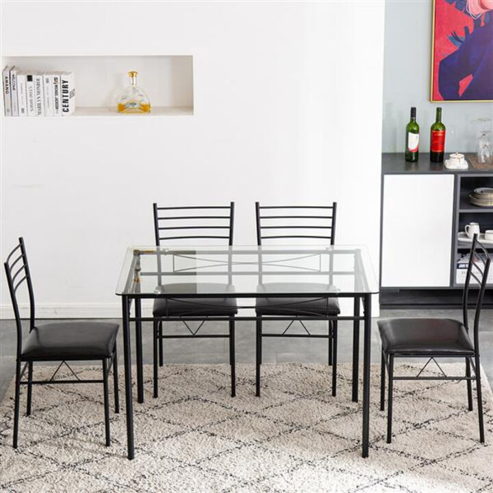 Modern Iron Glass Dining Table and Four Chairs Set, Frame with PU Cushions